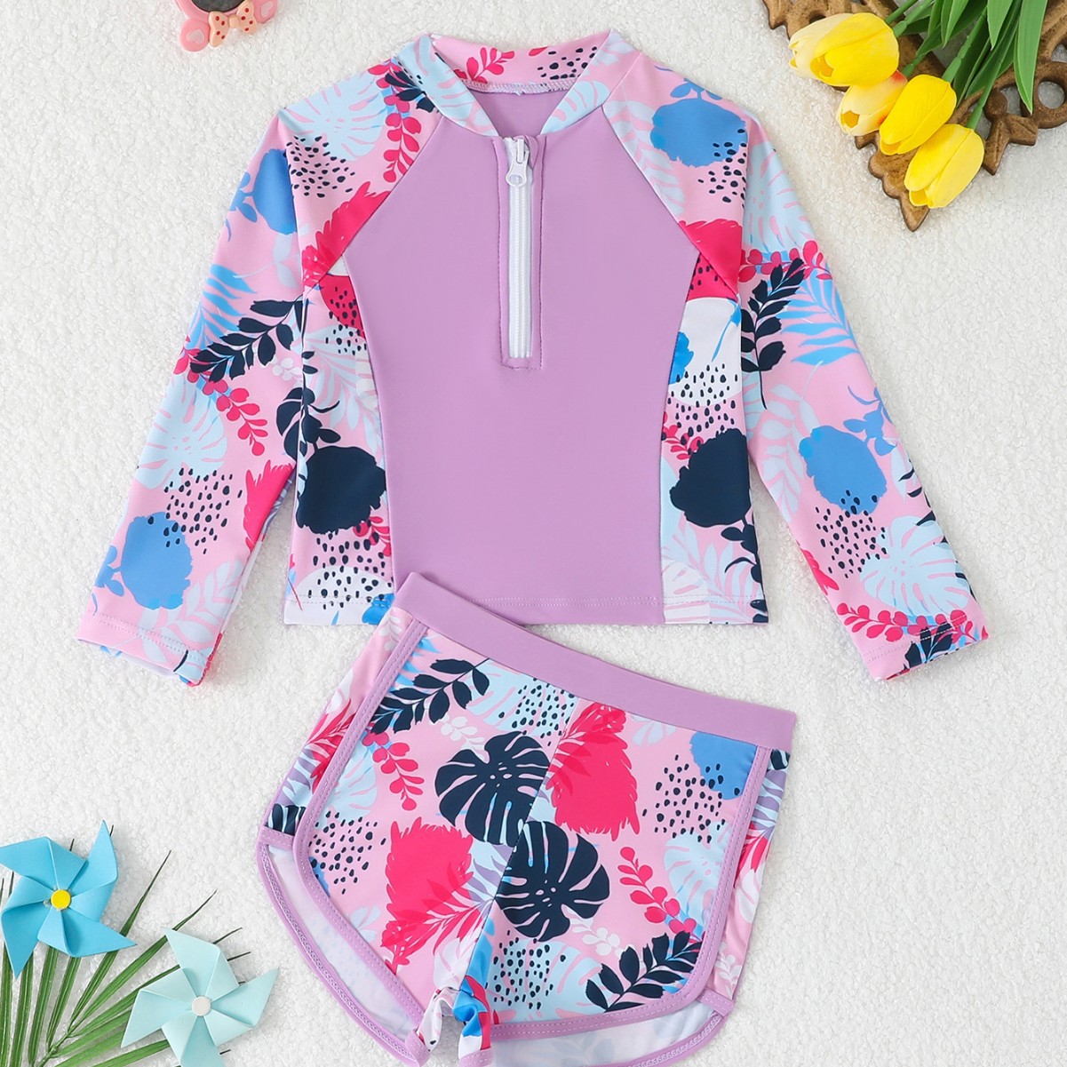 Rash Guard Long Sleeve - Meisjes badpak met bladerenprint, 2-delig, lange