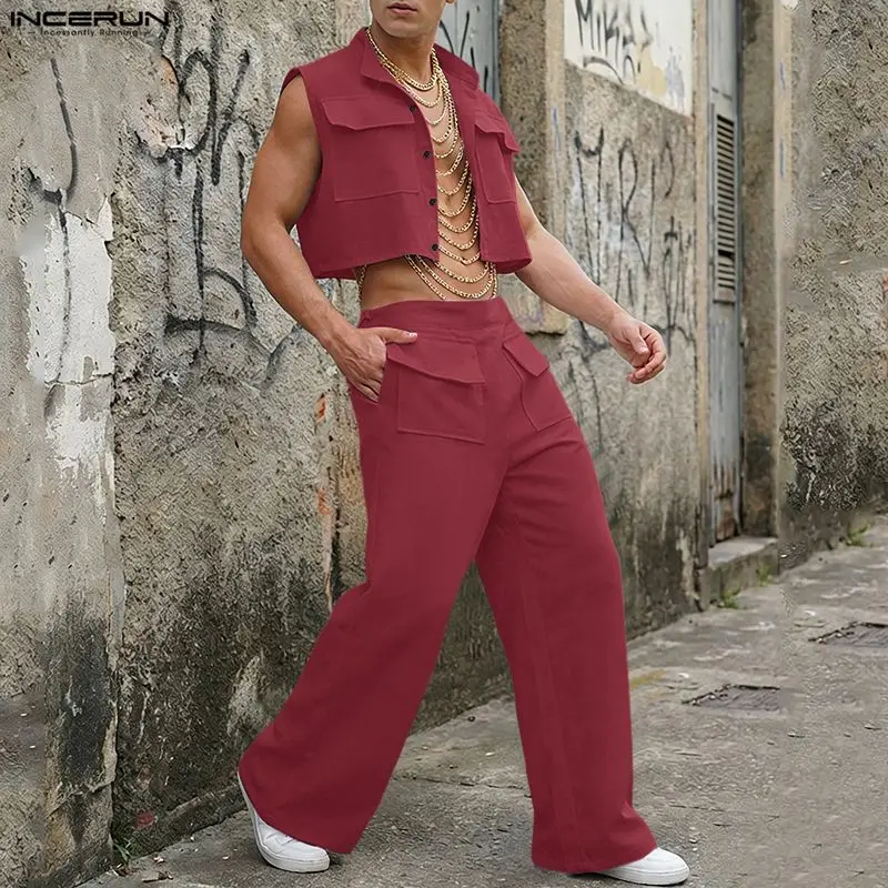 Summer Clothing Sets Men - INCERUN Mannen Sets Solid Mouwloze Crop